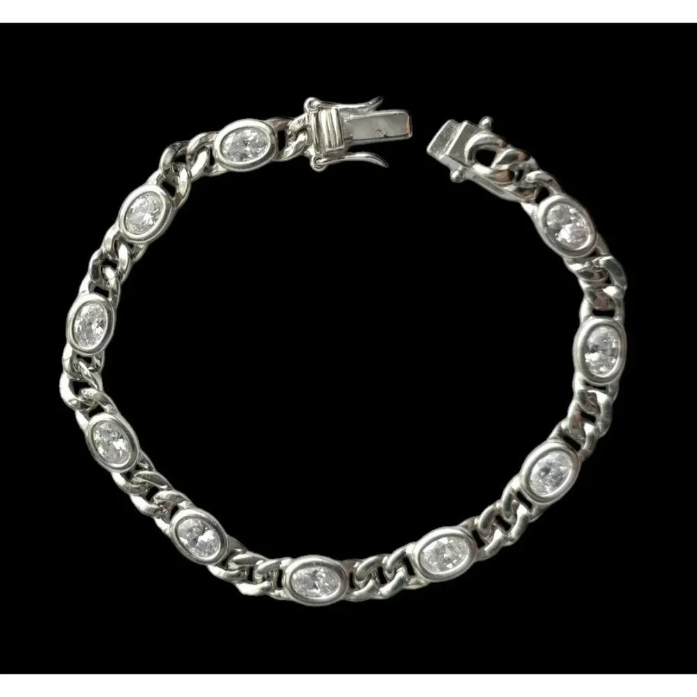 New Tocara Sterling Silver Bracelet Oval DiAmi Crystals Sparkle 925 Curb Link 7